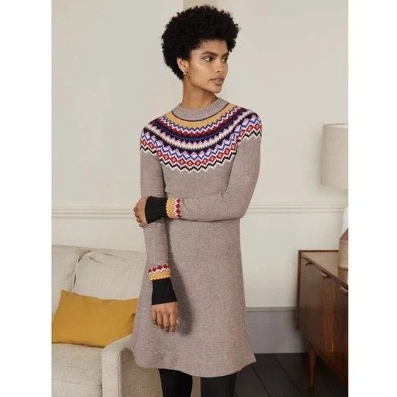 Boden Fair Isle Knit Midi Sweater Dress Wool Alpaca Nordic Melange Taupe Size 2 - Picture 2 of 14